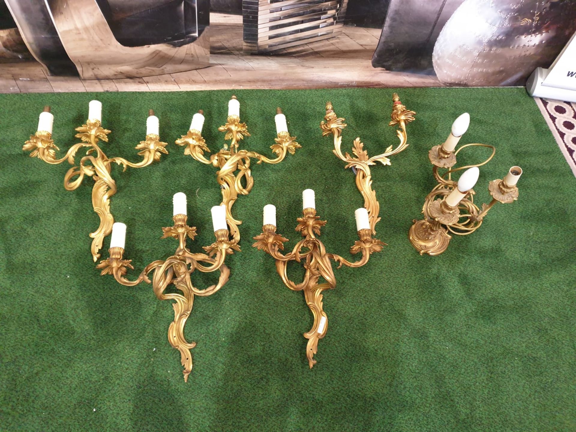 A set of 4 x French Dore Bronze triple arm branch Candelabra wall sconces in the Louis XV Style