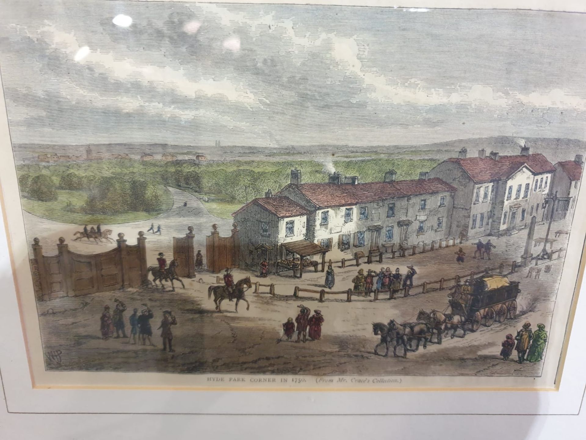 A set of 2 framed coloured lithographs APSLEY HOUSE AND PARK LANE. HYDE PARK CORNER IN 1750. - Image 5 of 5