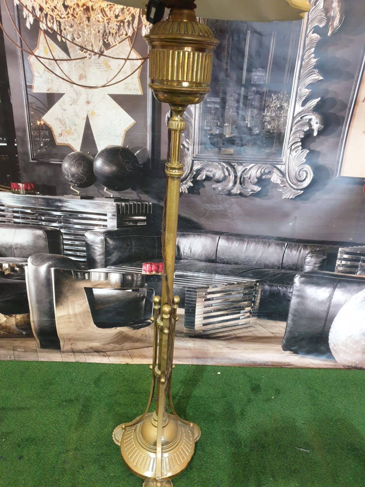 Edwardian Adam Style Brass Standard Lamp with gold coloured shade 165cm high