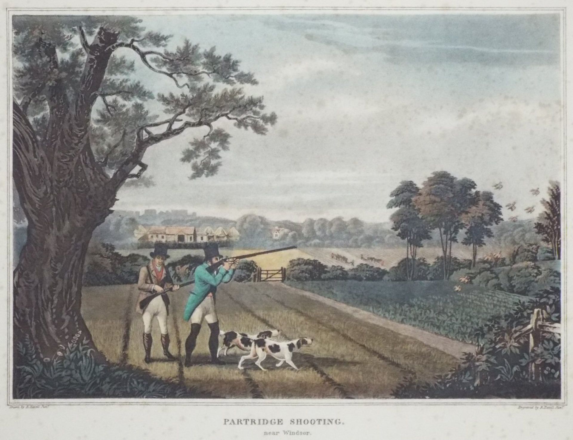 Framed vintage aquatint Partridge shooting near Windsor. HAVELL Jr., Robert. Publisher: J Brooker