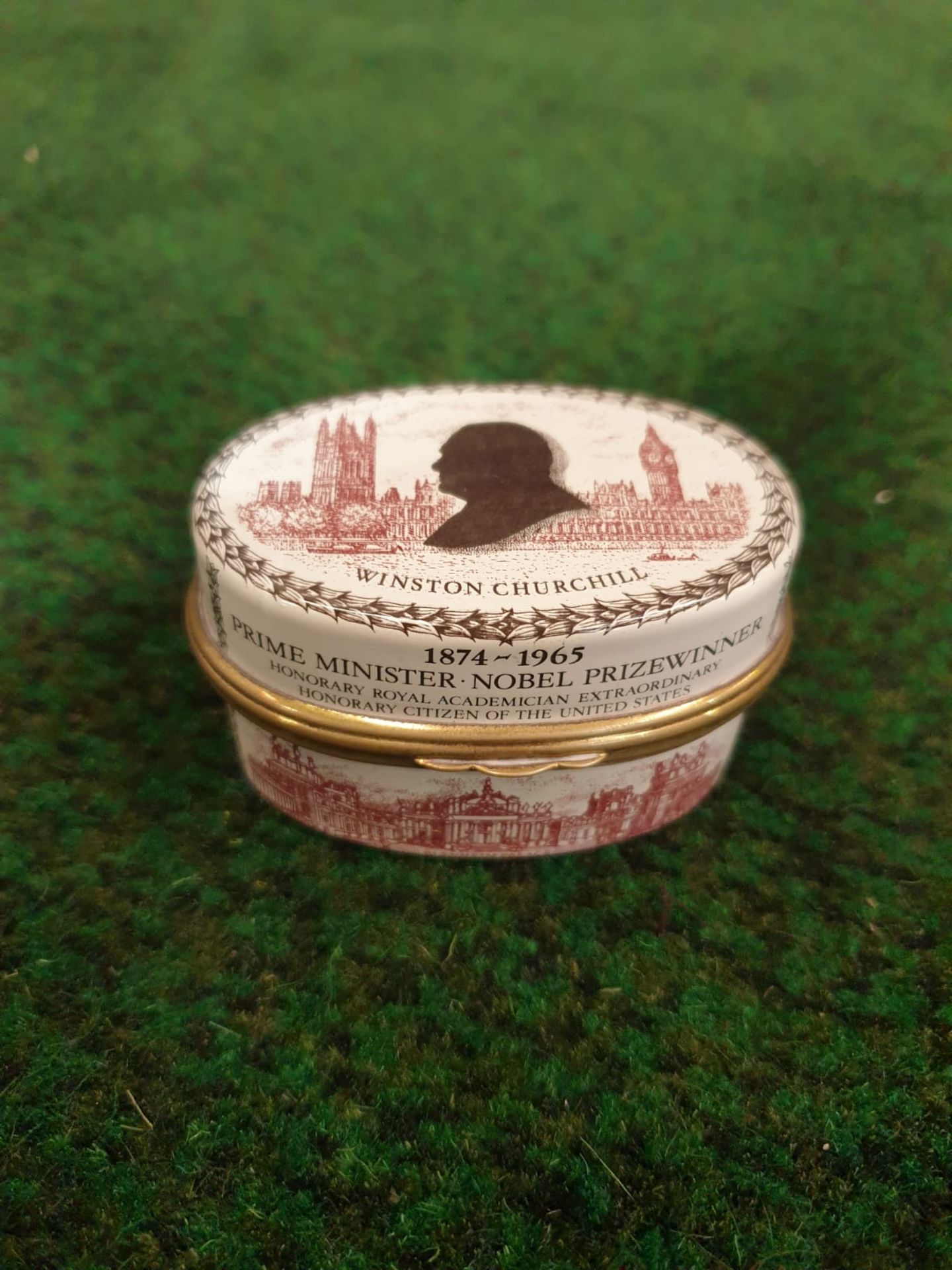 Halcyon Days Enamel Box Of oval form printed in sepia and black to commemorate Sir Winston