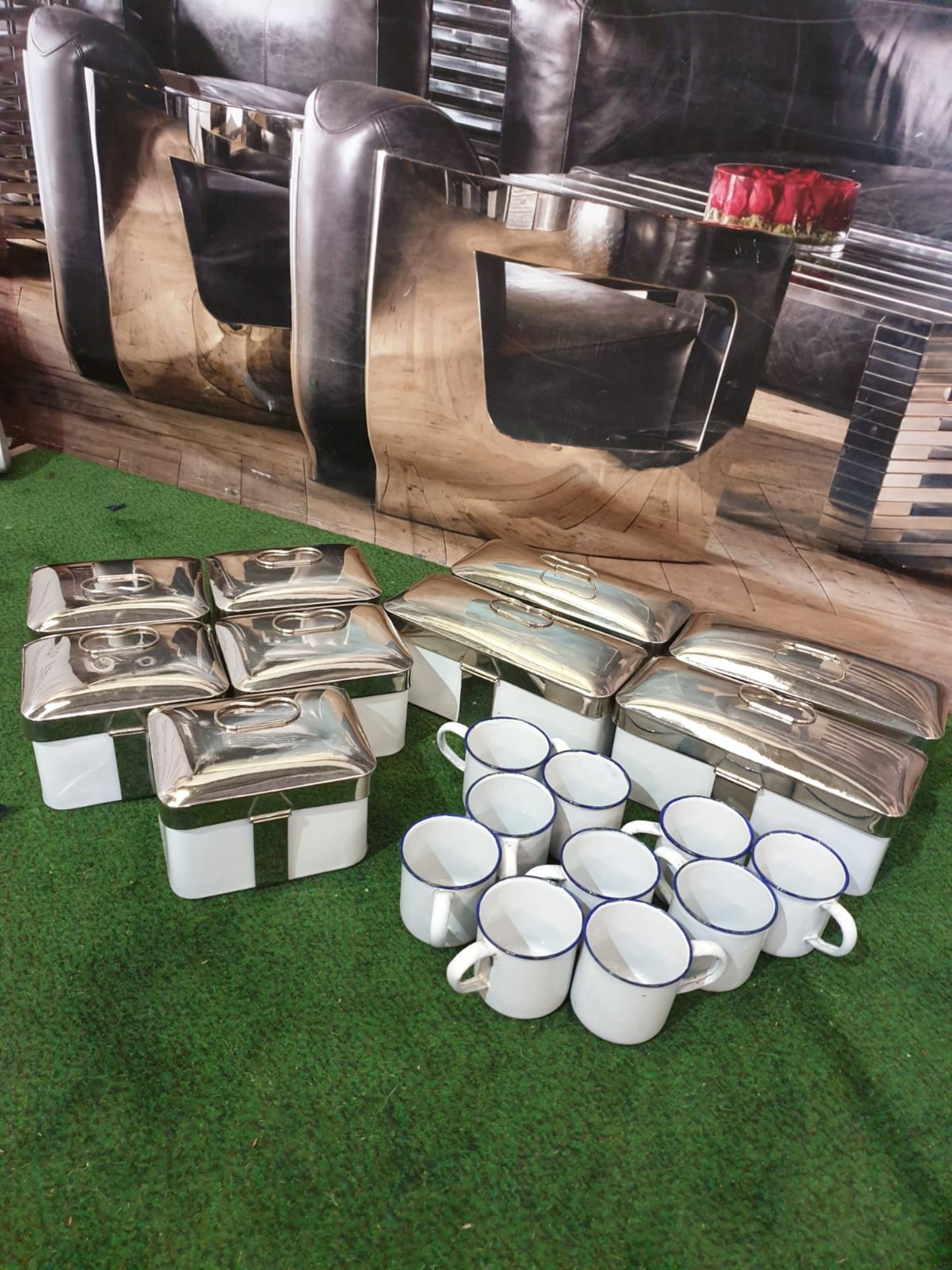 A quantity of enamel tins and cups as found with chrome clip lids 5 x large tins 25 x 13 x 10cm 6x