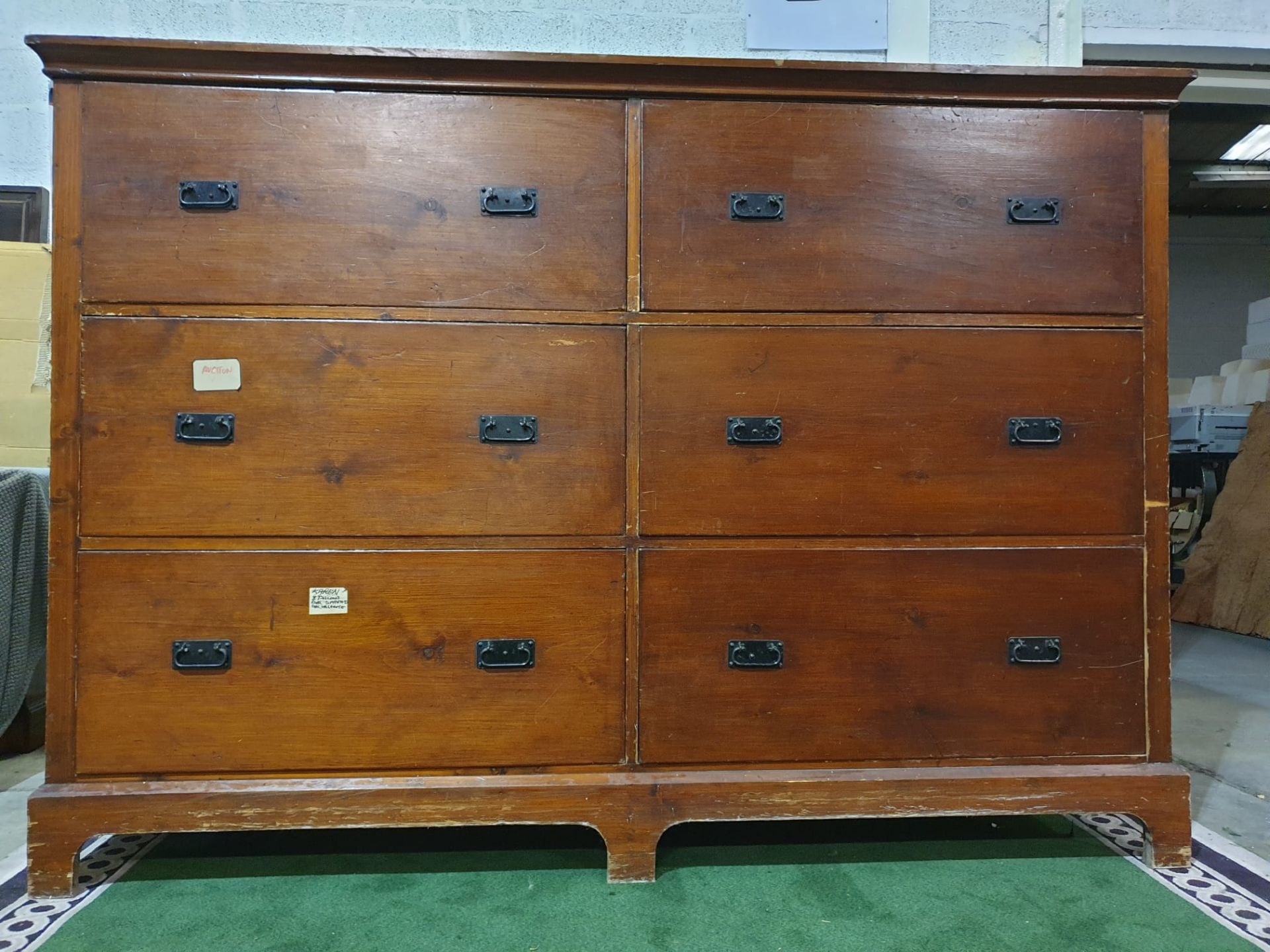 A large late Victorian stained pine chest of drawers. With two banks of three deep drawers, each - Bild 3 aus 4