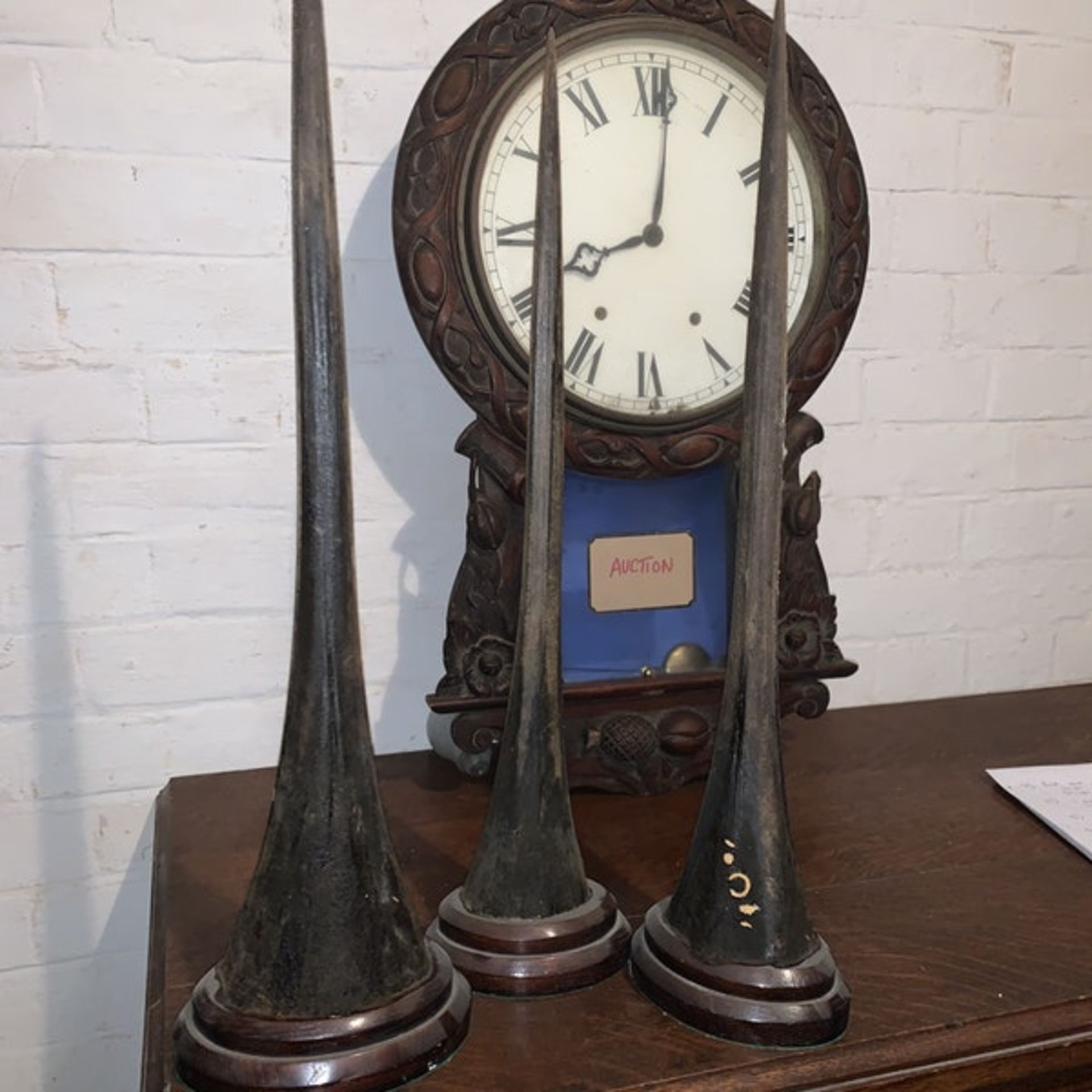 3 sword fish beaks mounted on oval 2 tier wooden stands. c. Circa 1850. Height 56 cm; Length 10