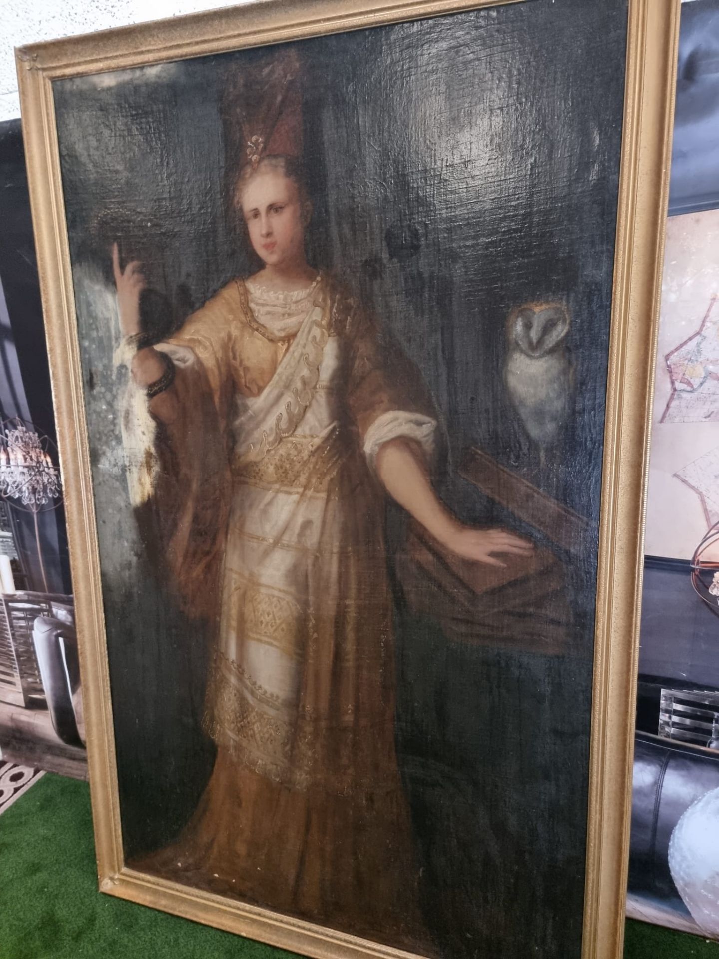 Framed oil on Canvas Portrait of Sythe with Snake, Owl & books in Gilt frame 122 x 193cm Nb some