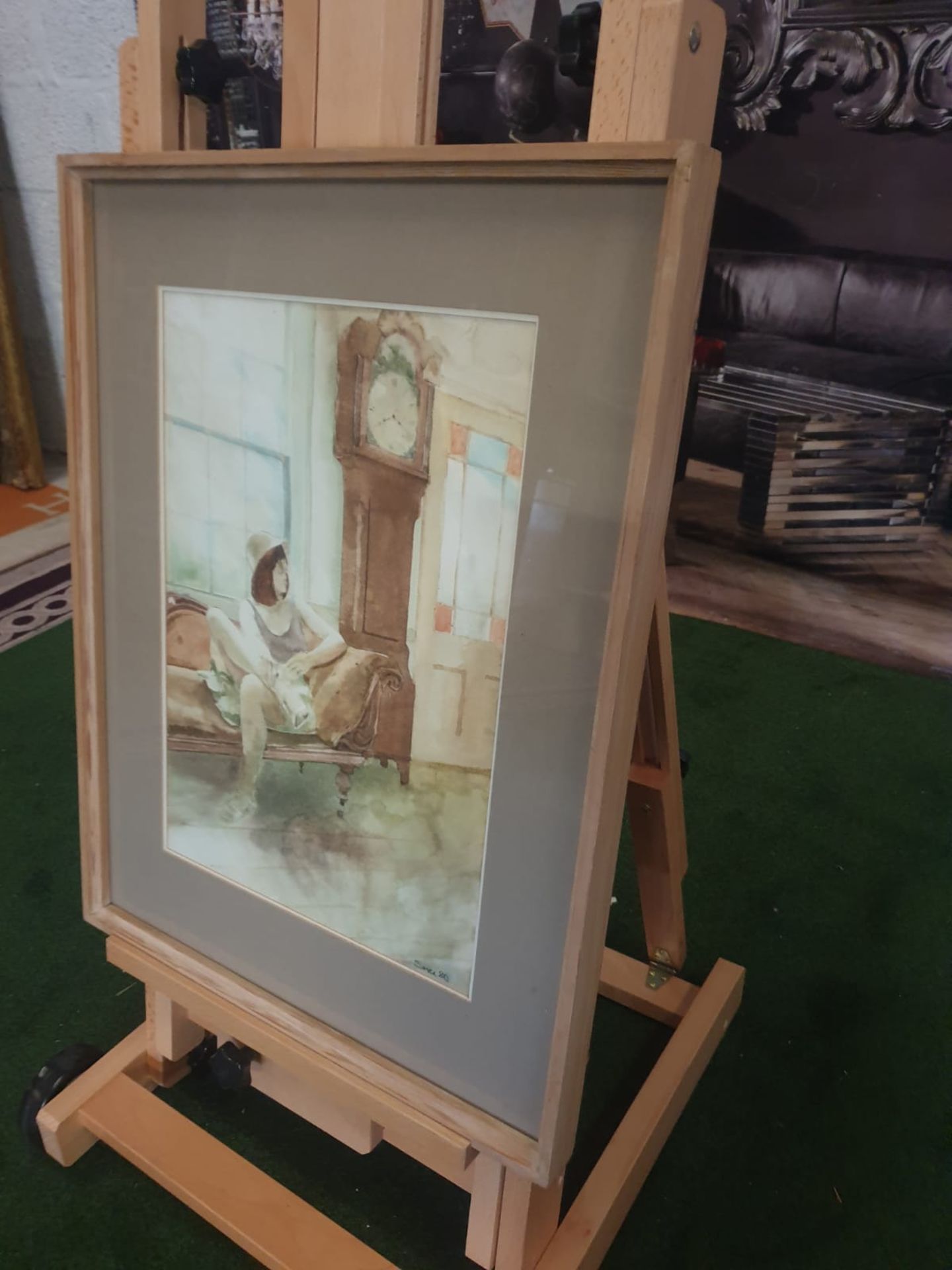 Framed watercolour Woman on chair by Grandfather clock singed and dated by Michael Smee '80 - Bild 3 aus 5