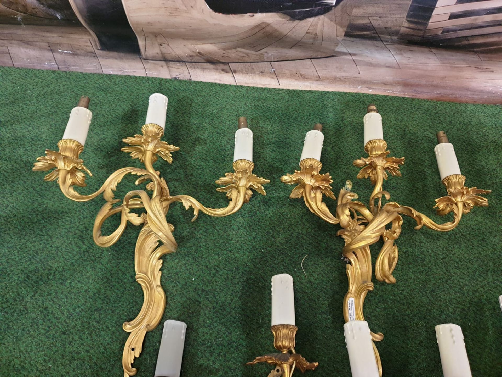A set of 4 x French Dore Bronze triple arm branch Candelabra wall sconces in the Louis XV Style - Image 4 of 7