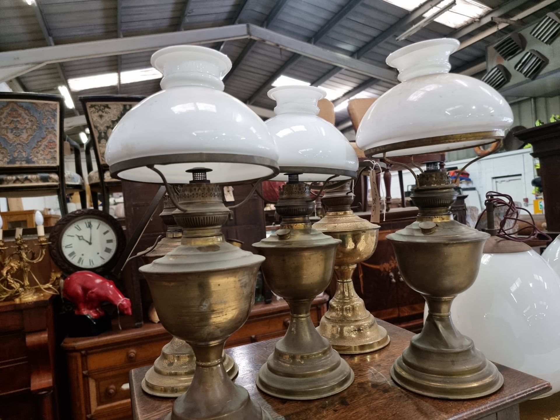 5 x Brass oil lamp with opaque white glass shade, late Victorian.c. Circa 1890. These oil lamp looks