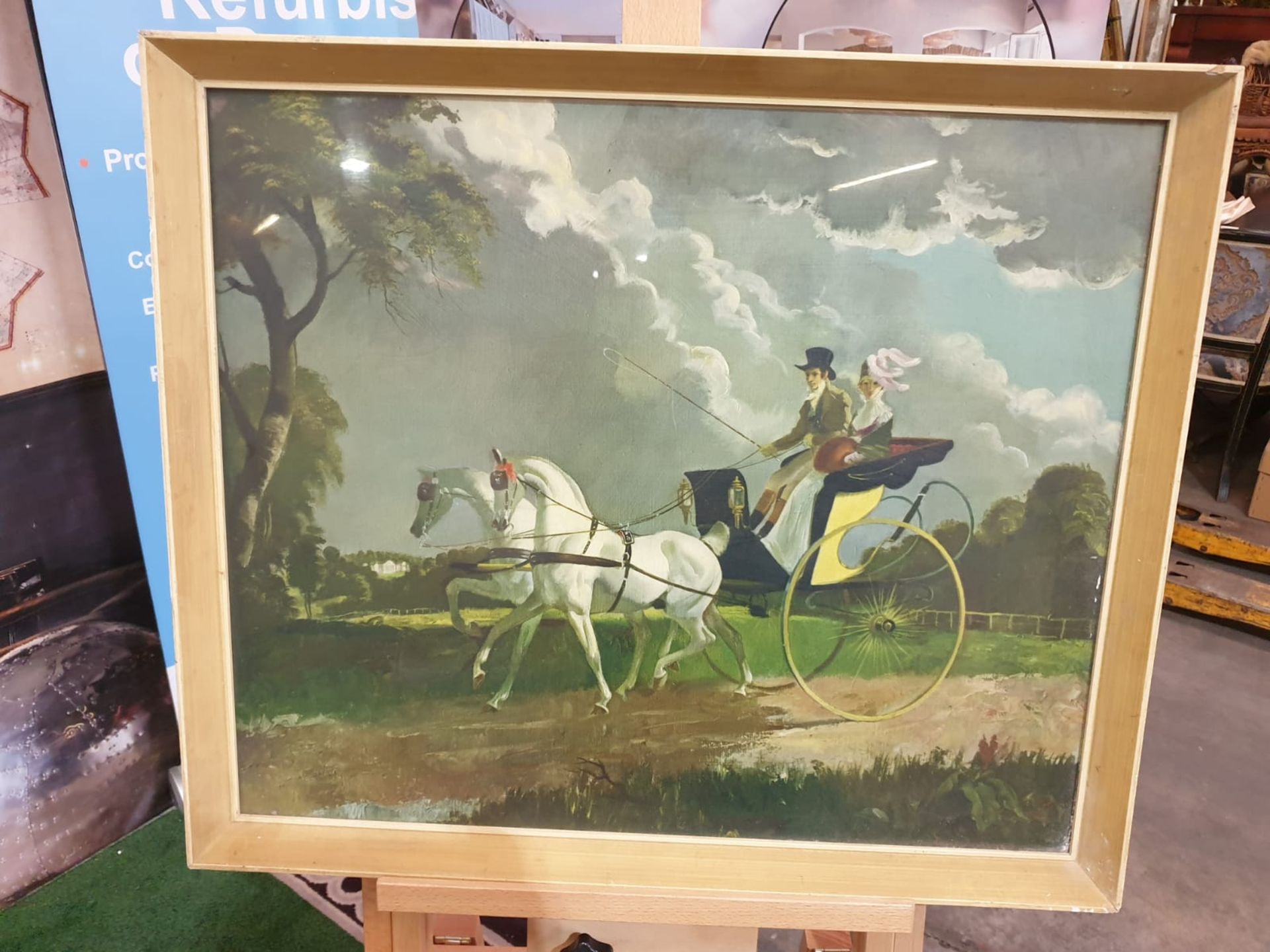 Framed coloured print In Regency Times, (Regency Figures, Horse and Carriage, in a City Street)After