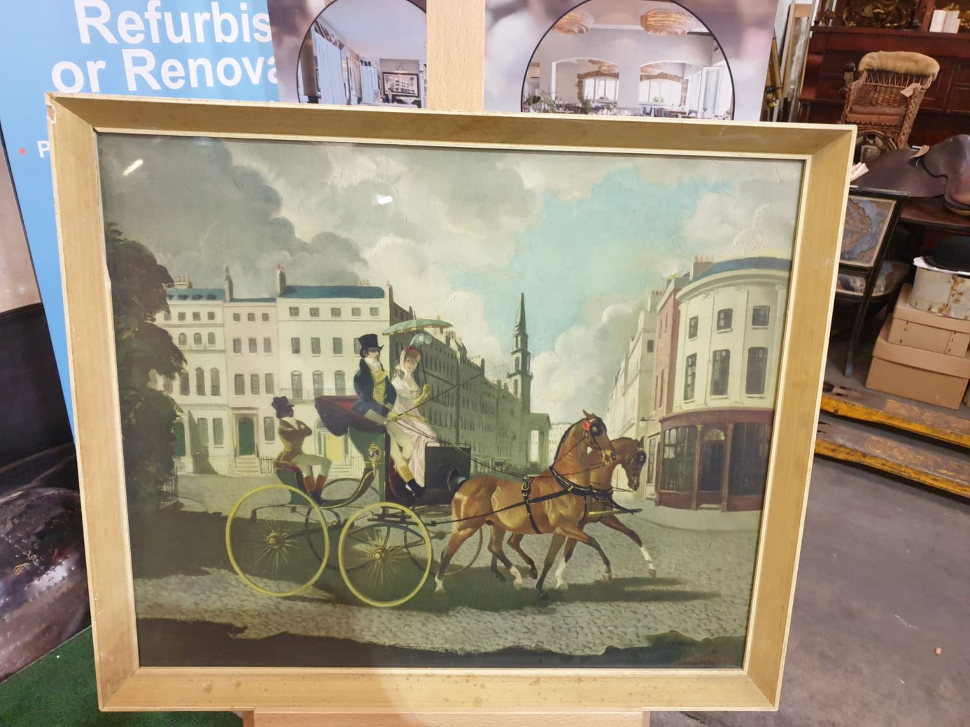 Framed coloured print In Regency Times, (Regency Figures, Horse and Carriage, in a City Street)After - Image 2 of 4