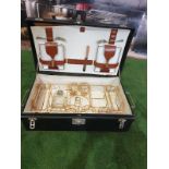 A vintage black picnic box with partial set contained as photographed 61 x 38 x 19cm