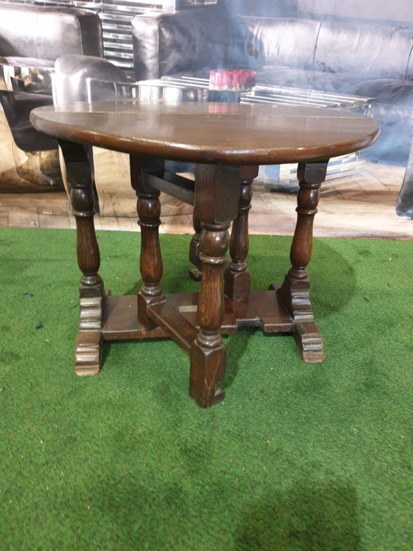 Oak gate leg table with plaque pinned reading Mr Mrs Mason House Estate Employee January 24th 1951