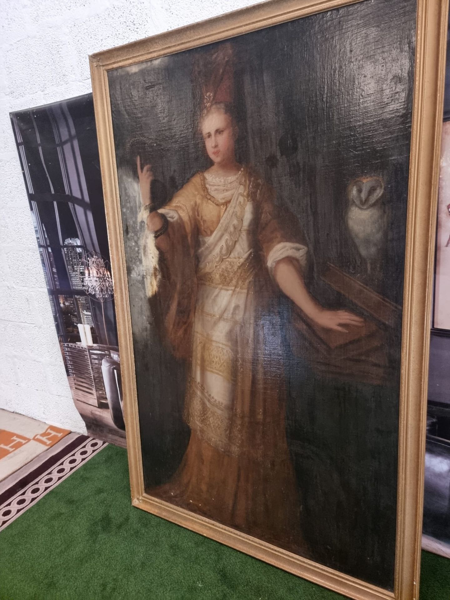 Framed oil on Canvas Portrait of Sythe with Snake, Owl & books in Gilt frame 122 x 193cm Nb some - Image 7 of 11