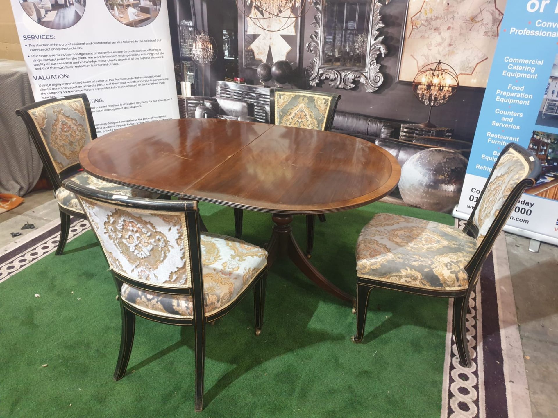 Dining Table and 4 x Chairs A Regency style mahogany and crossbanded D-end twin pedestal extending