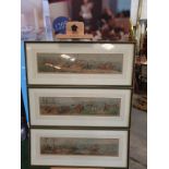 A set of 3 framed coloured panorma Hunters prints titled Lets take the road, Excersive polite, A