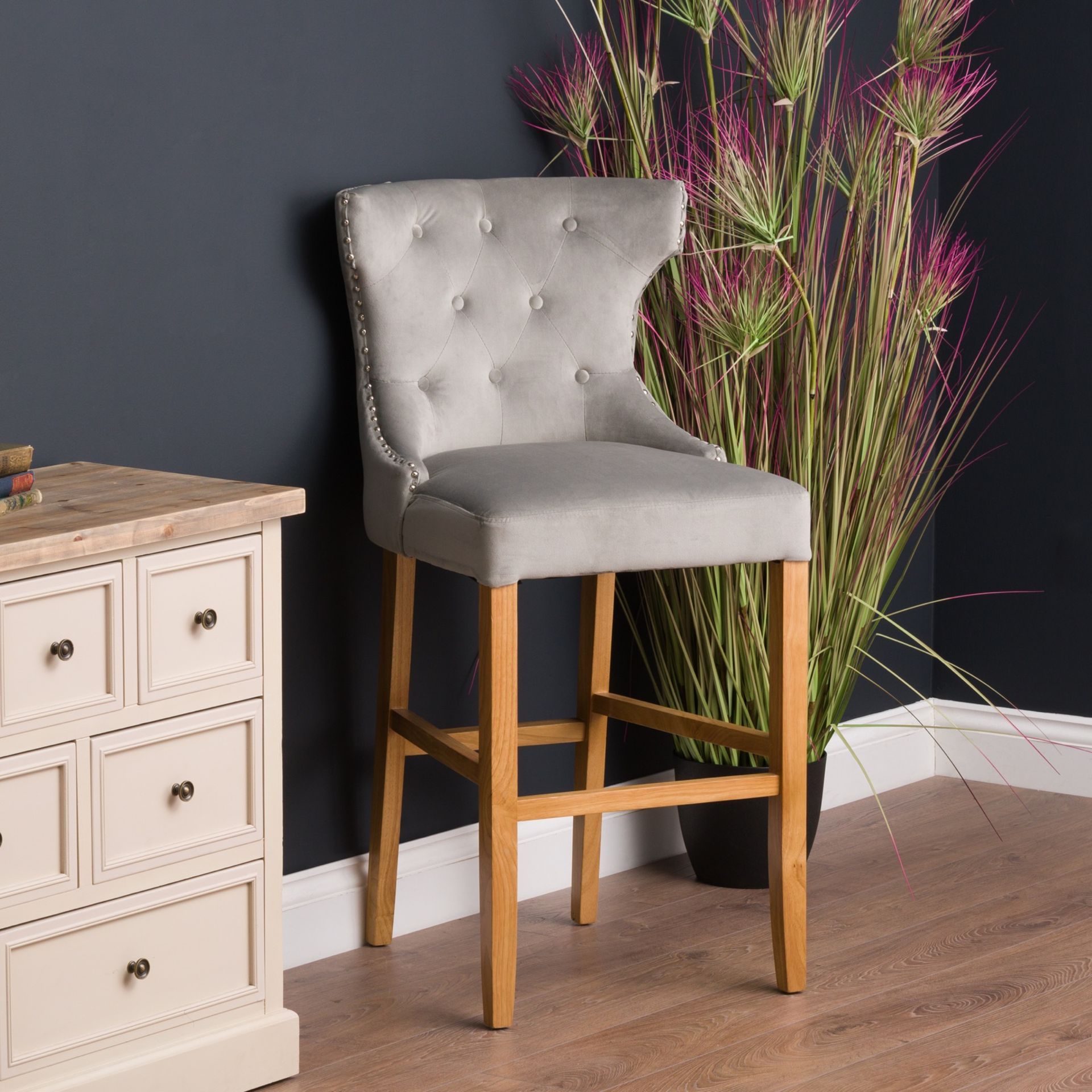 Barisa Grey Velvet Tufted High Bar Stool, At 115cm High, 64cm Wide And 55cm Deep This Makes An Ideal