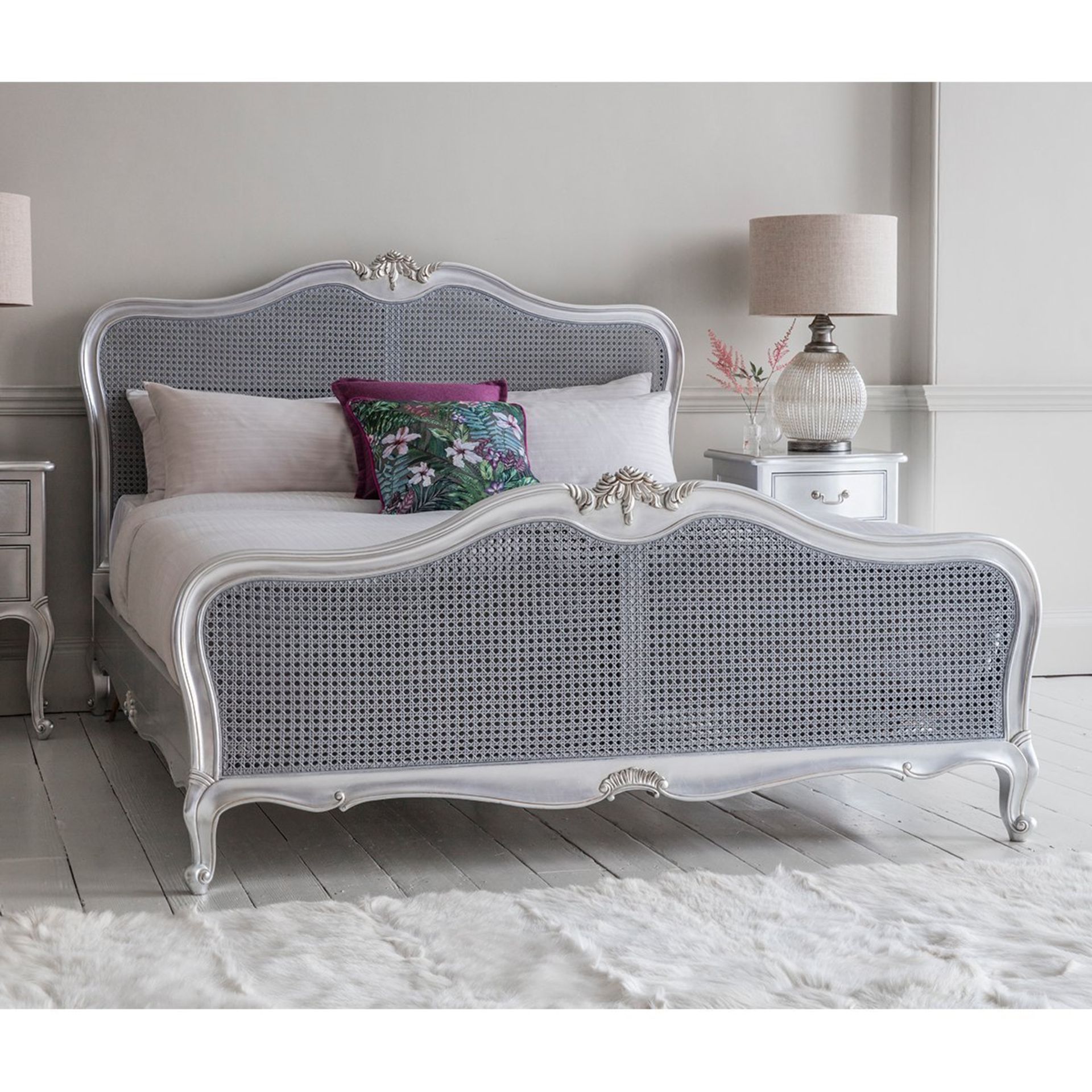 Hudson Cane 6' Superking Size Cane Bed Silver White Mindy Ash, Painted Silver Highlight Finish, Hand