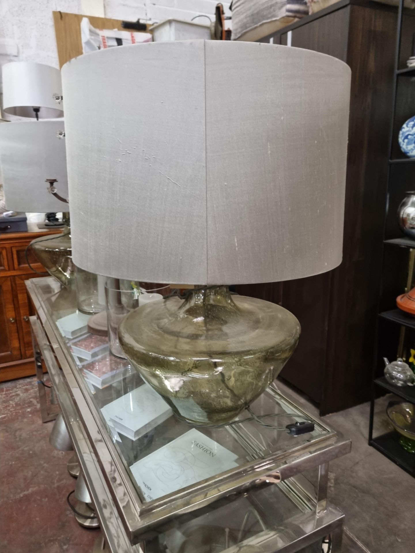 Heathfield and Co Lighting Hand Blown Green Glass Table Lamp With Grey Fleck Shade Diameter 480mm