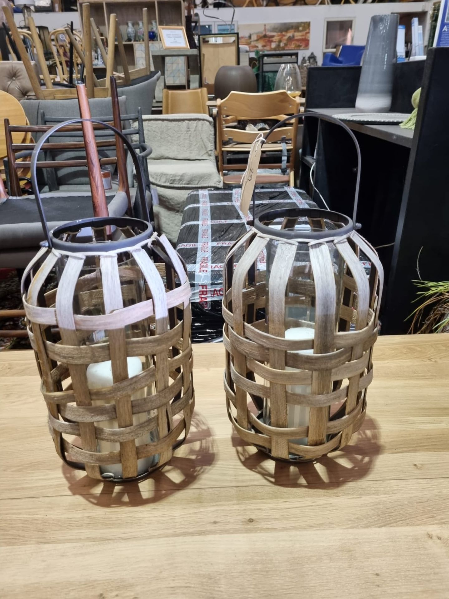 A Set Of 2 X Wooden Hanging Lanterns With Glass Centrepiece Height 380mm SR29 Ex Display Showroom