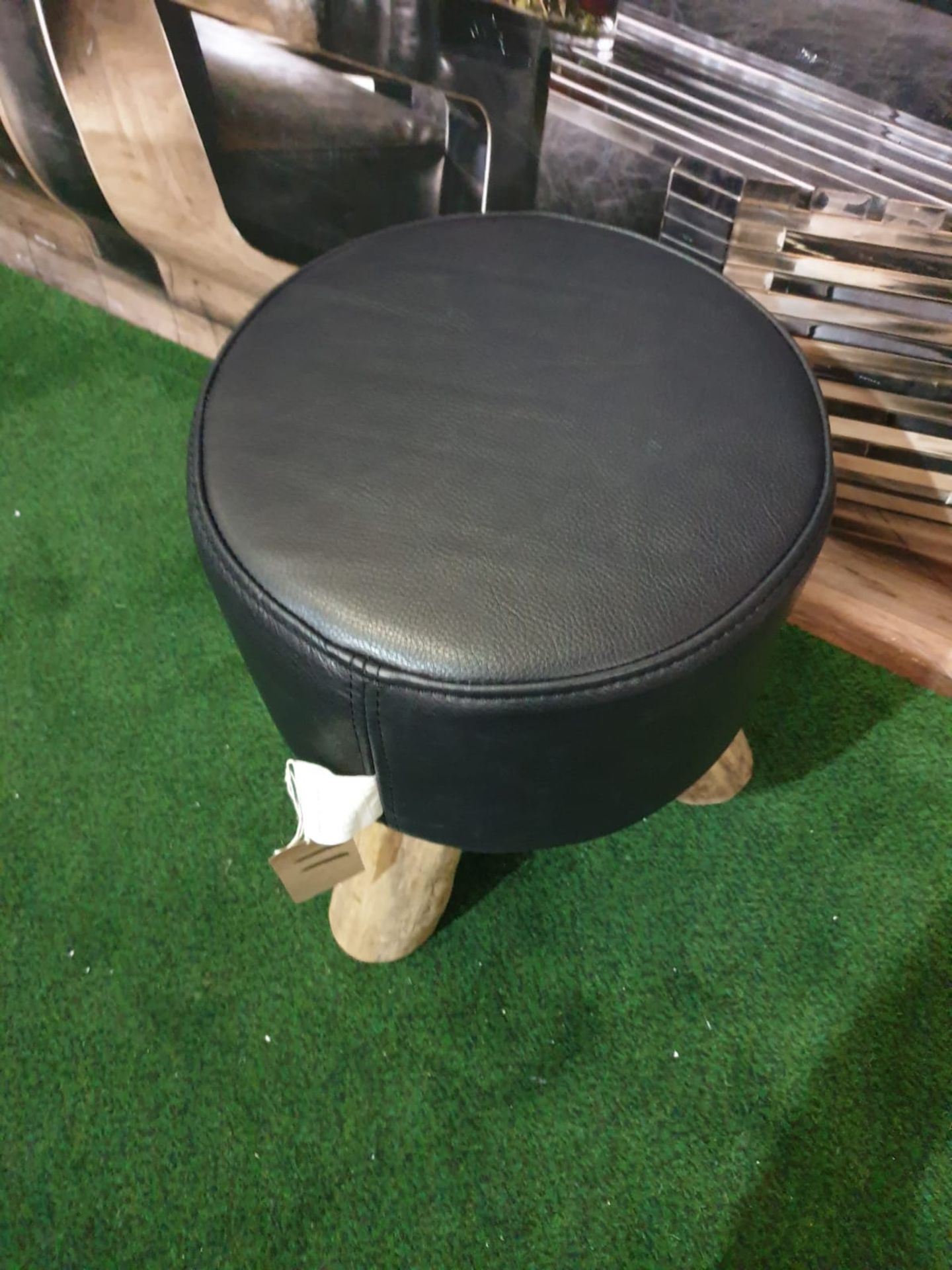 Bleu Nature F016 Mousse Driftwood and leather stool finished in Noir Black hide leather 380 x 380 - Image 2 of 3