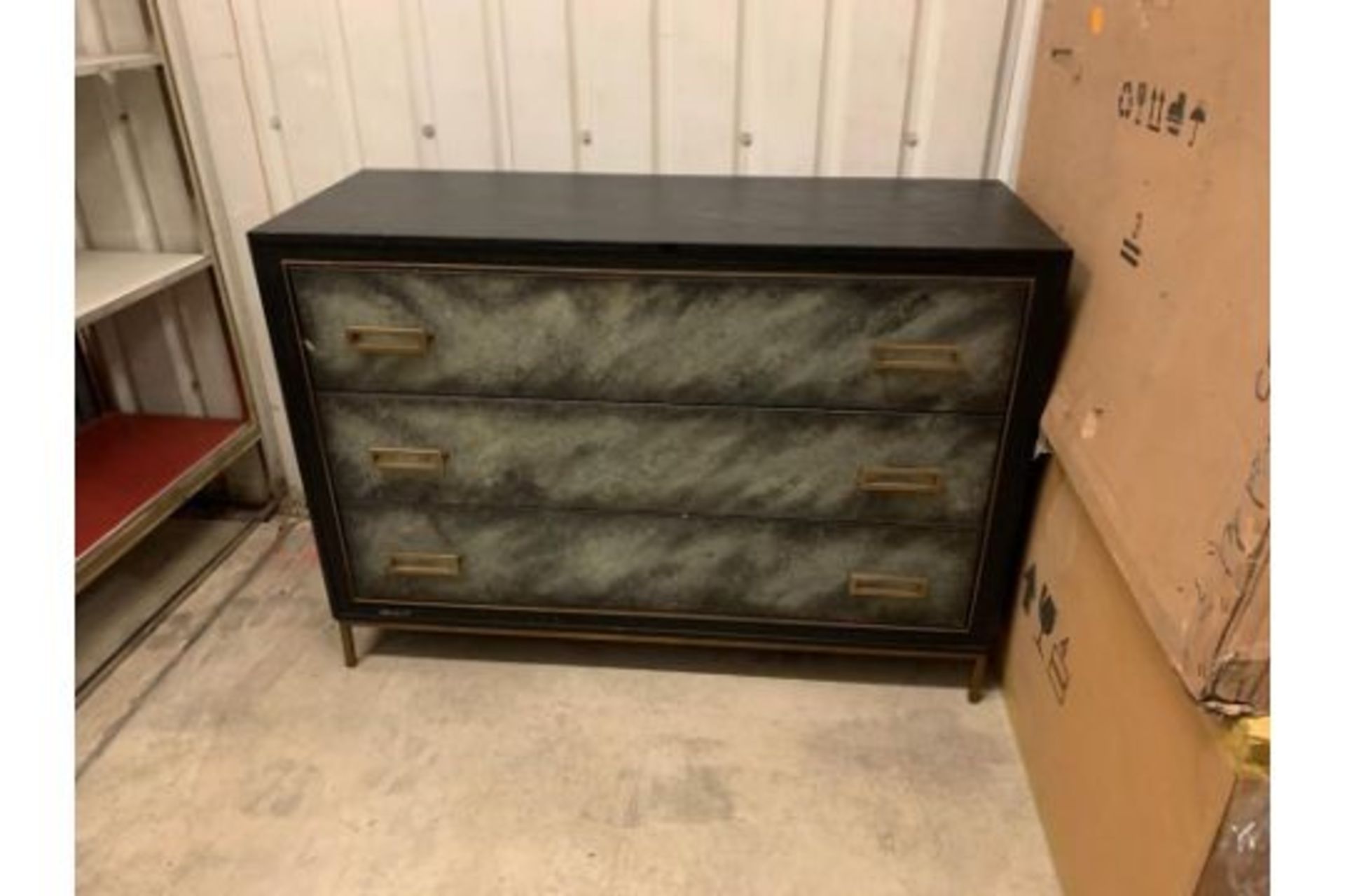 Levi Three Drawer Chest Wrapped In A Faux Velum (Has Some Snags) On Leather In A Charcoal Finish