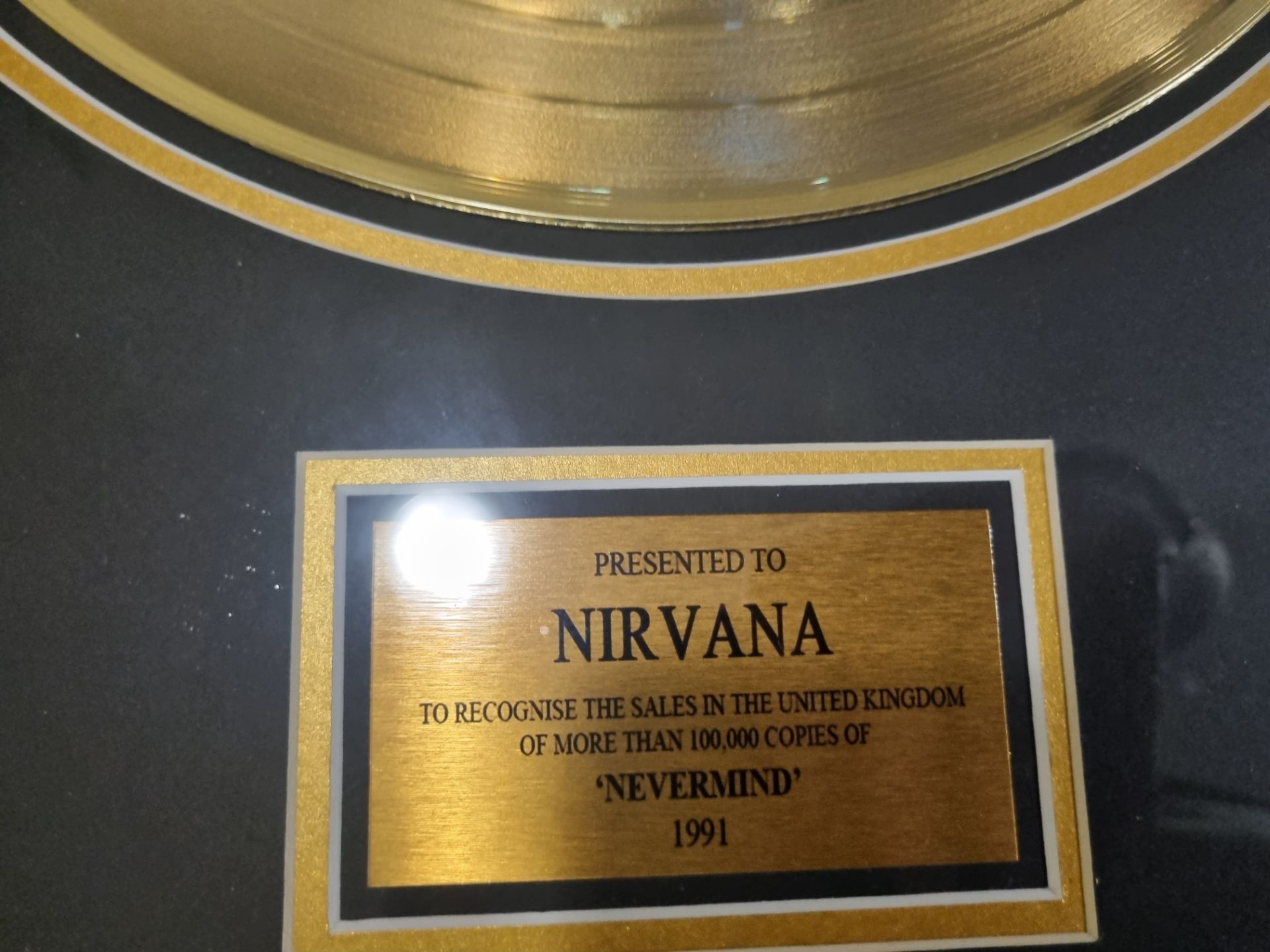 Reproduction The Nirvana 24 Carat Gold Plated LP Record  Framed complete with a note that reads "Was - Image 3 of 4