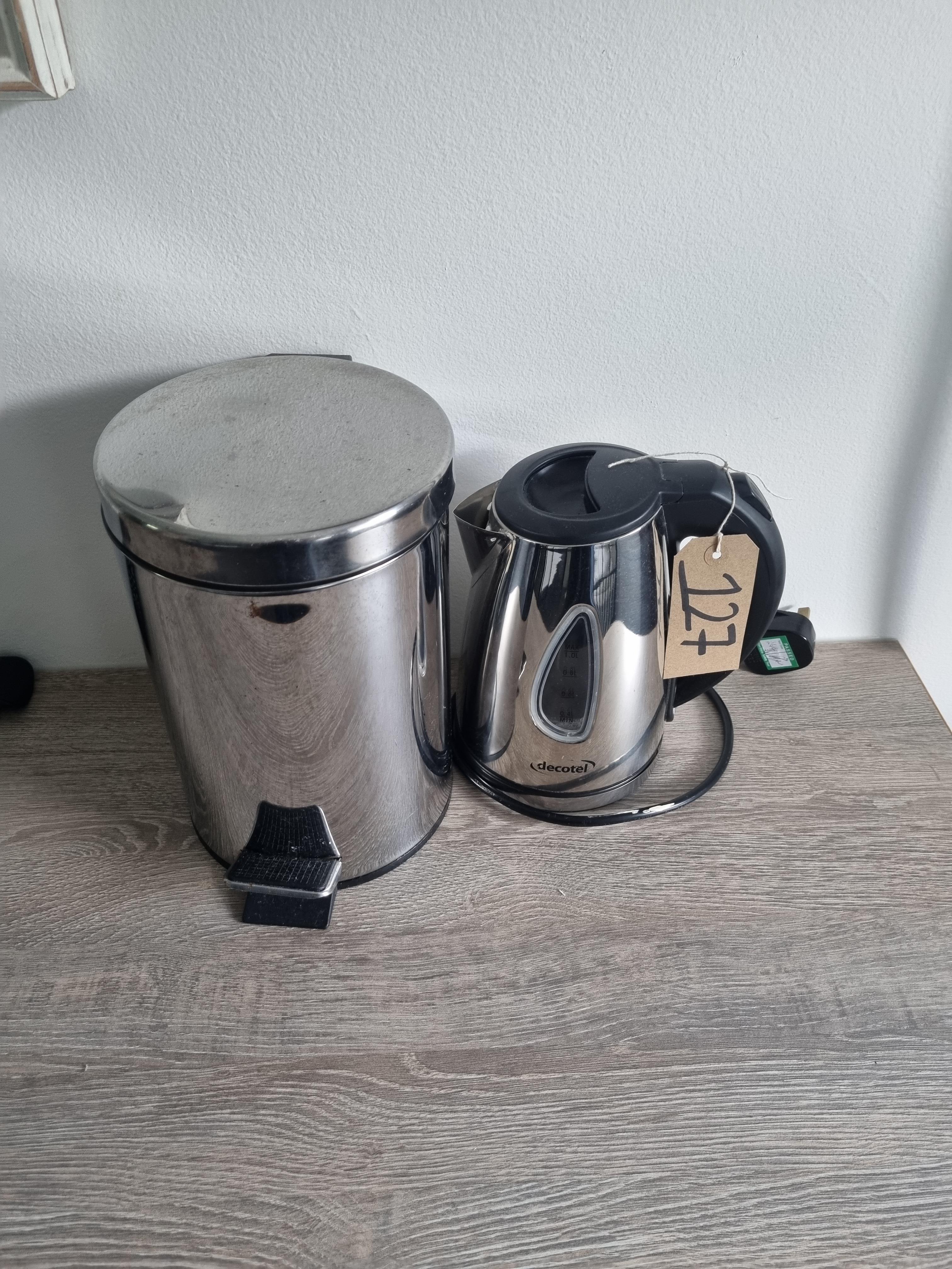 A Room Set Comprising Of Silver Pedal Bin and Kettle