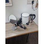 A Room Set Comprising Of White Pedal Bin Hair Dryer Shaving Mirror and Kettle