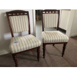 A Pair Of Wooden Dining Chairs With Striped Cream Upholstery On Tapered Carved Legs W 490mm D