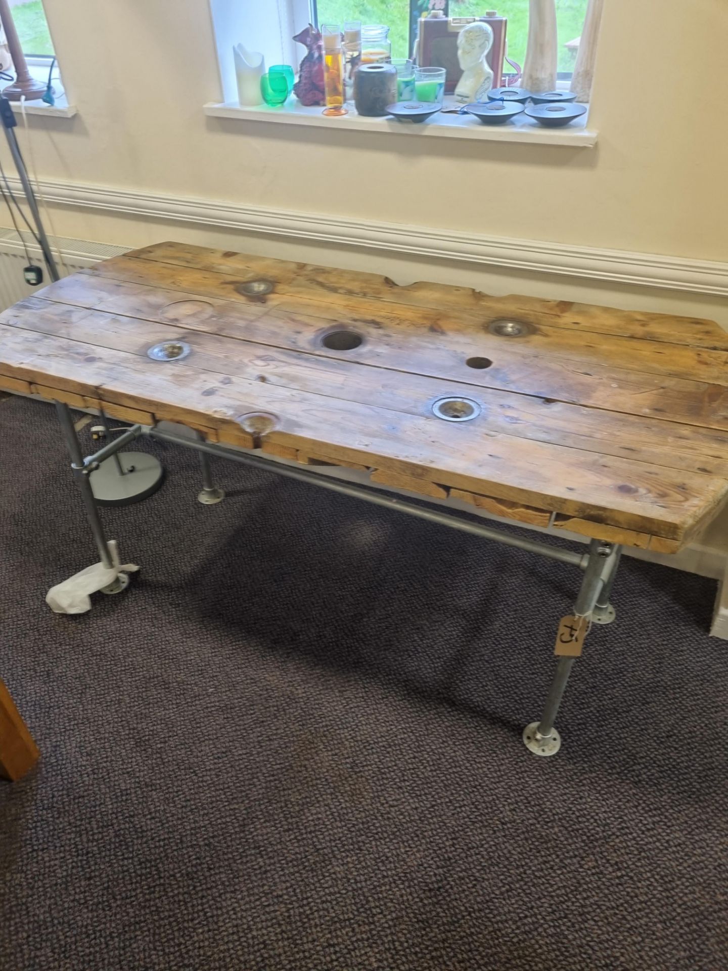 Reclamation Timber Wooden Table Made From Cable Reels With Scaffolding Type Legs W 1590mm D 720mm