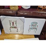 A set of 2 Vintage Floral Chair Decoupage Wall Art In Wooden Frame 400 X 400mm