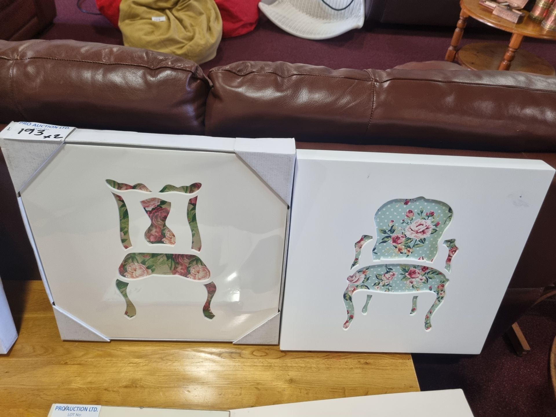A set of 2 Vintage Floral Chair Decoupage Wall Art In Wooden Frame 400 X 400mm