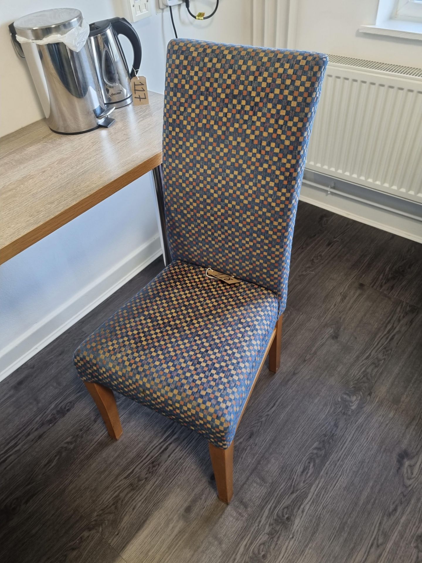 Blue Patterned High Back Chair With Pine Legs W 440mm D 390mm H 990mm