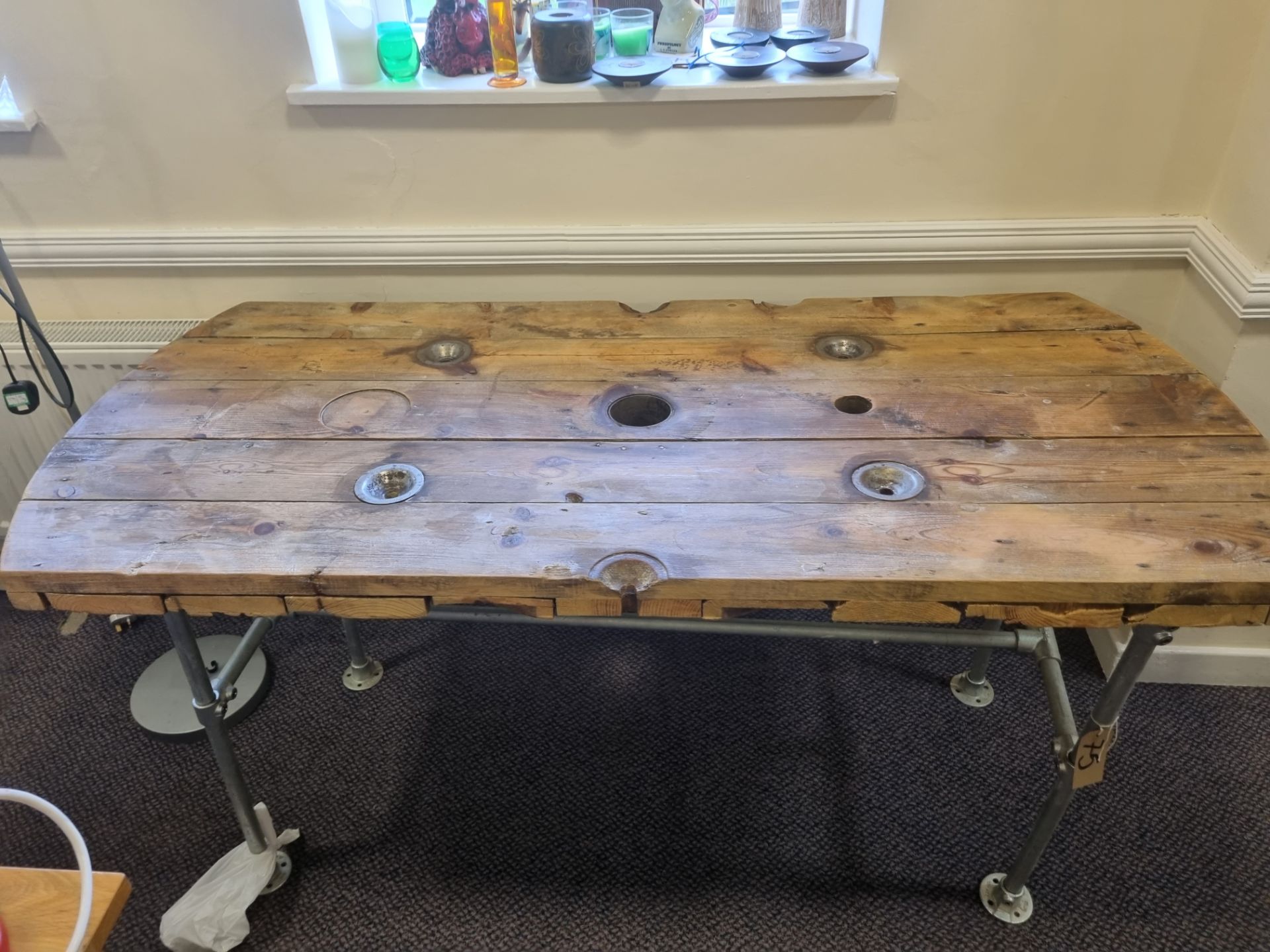 Reclamation Timber Wooden Table Made From Cable Reels With Scaffolding Type Legs W 1590mm D 720mm - Bild 2 aus 7