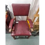 Red Leather Arm Chair With Studded Detal On Carved Legs With Stretcher W 460mm D 520mm H 1050mm