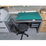 Glass Top Metal Desk With Built In Storage Shelves And Swivel Chair W 1500mm D 700mm H 750mm
