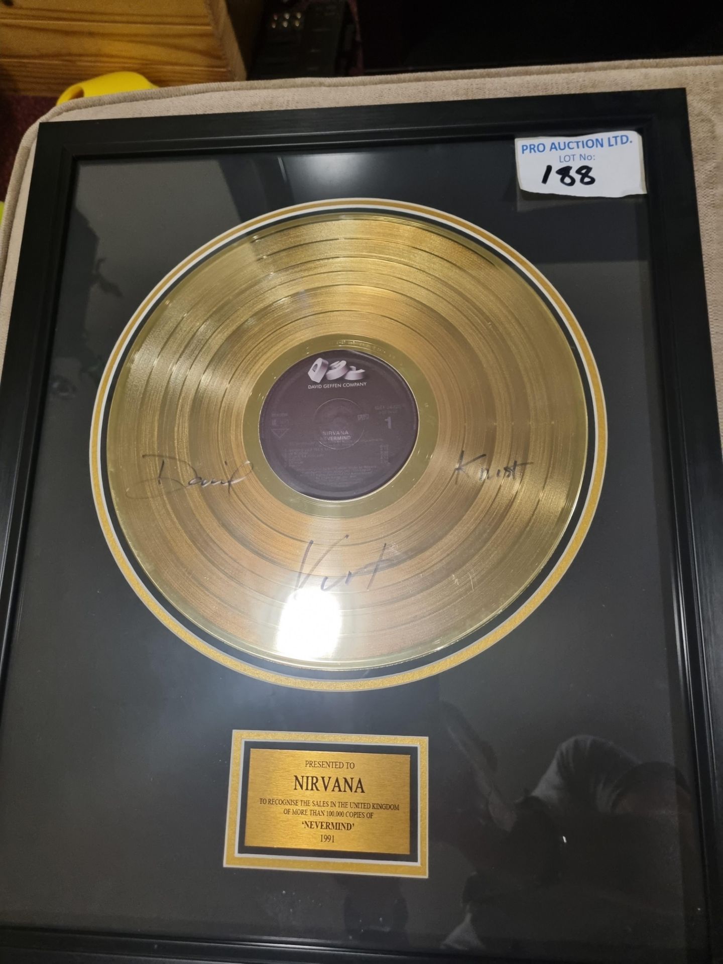 Reproduction The Nirvana 24 Carat Gold Plated LP Record  Framed complete with a note that reads "Was