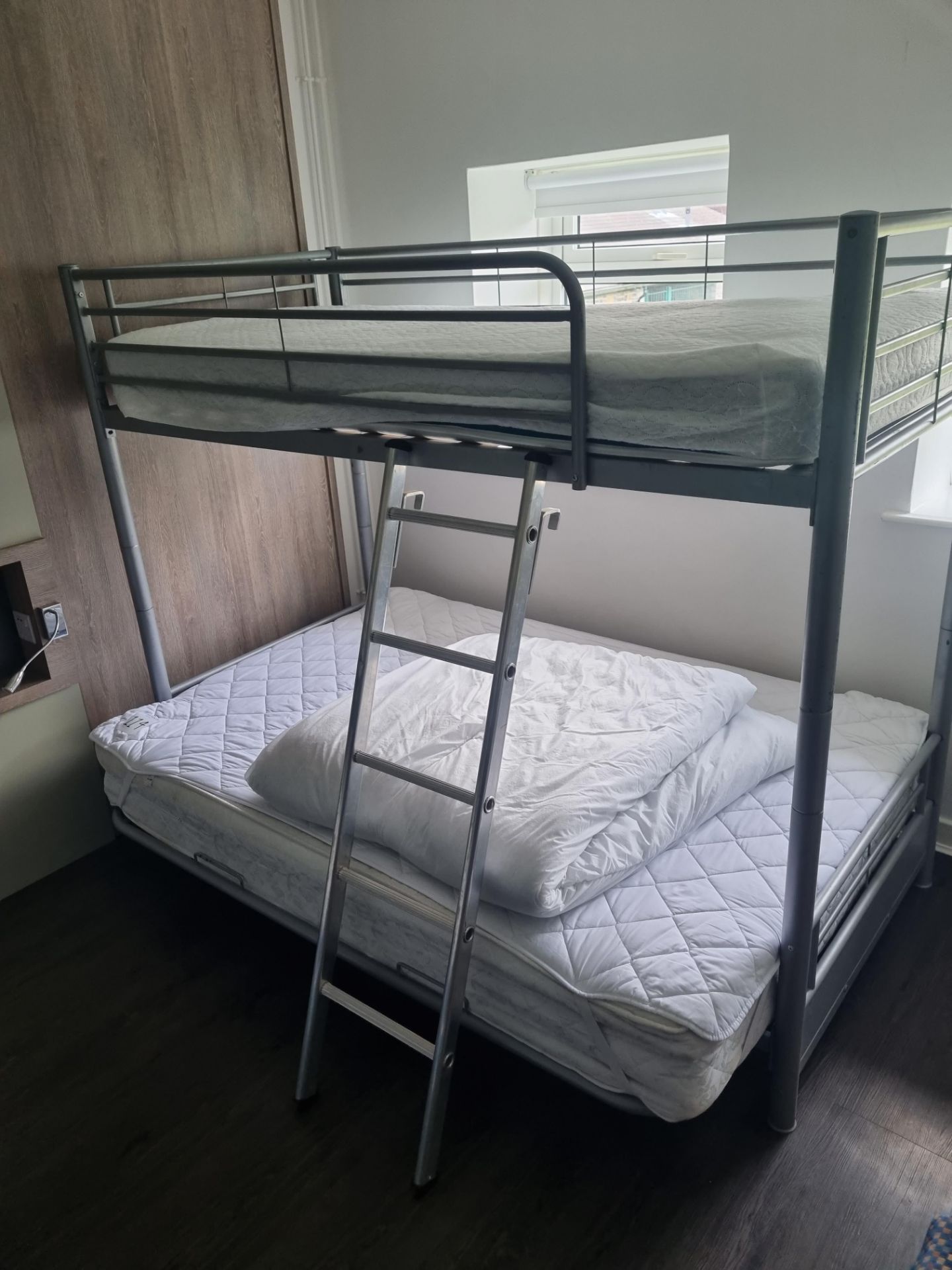 A Family Triple Bunk Bed In Silver With Double At Bottom And Single On Top W 1350mm L 1900mm H