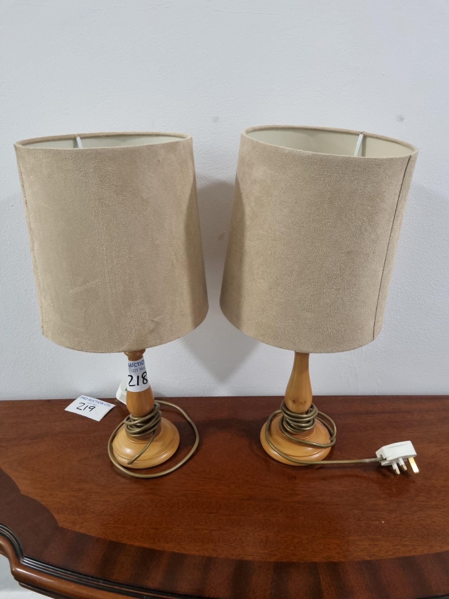 2 X Wooden Candle Stick Table Lamps With Beige Shades H 470mm