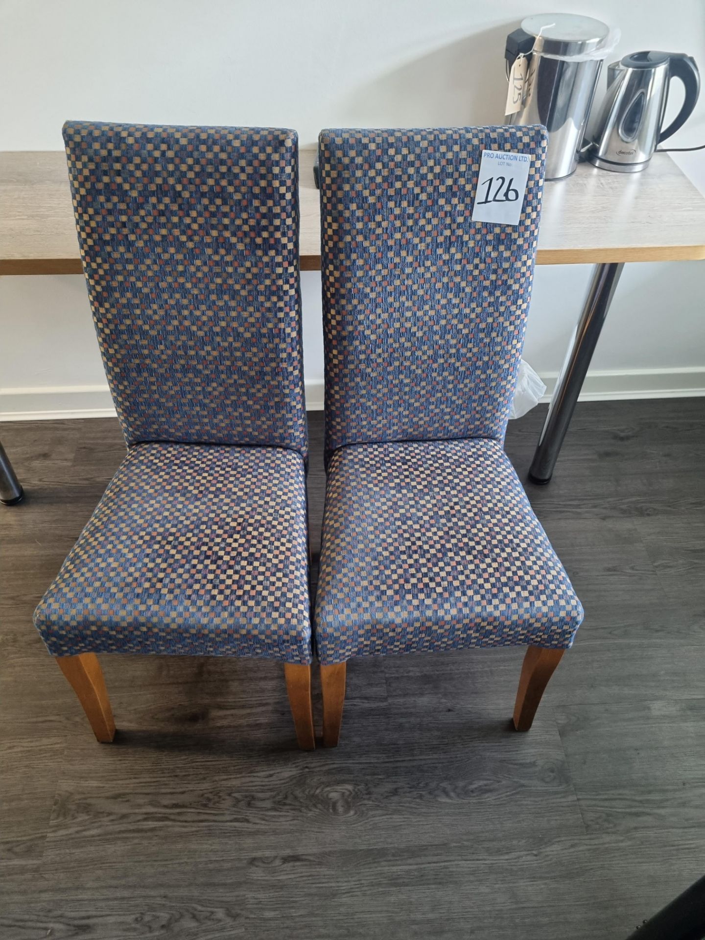 A Pair Of Blue Patterned High Back Chair With Pine Legs W 440mm D 390mm H 990mm