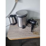 A Room Set Comprising Of Silver Pedal Bin Hairdryer and Kettle