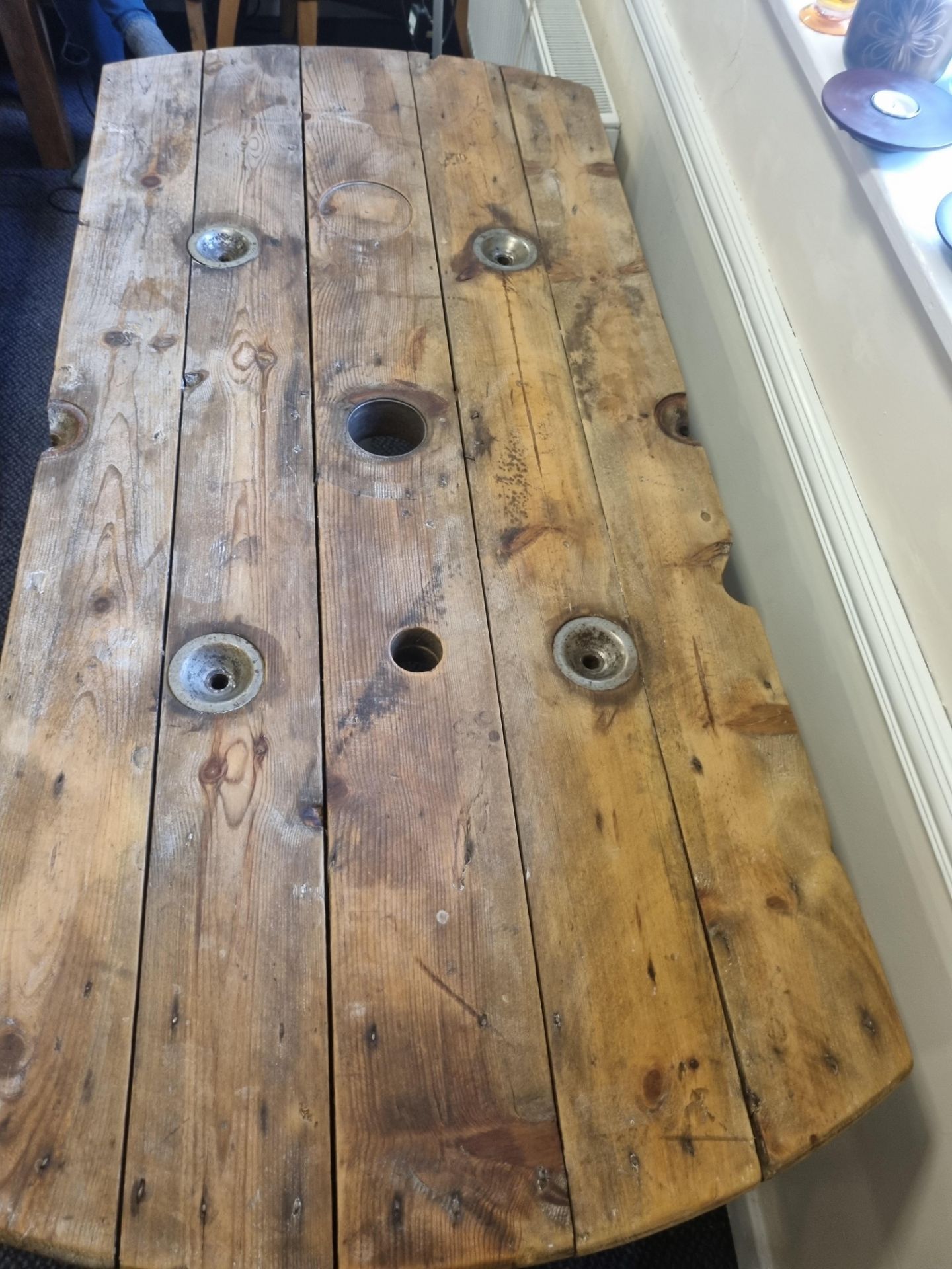 Reclamation Timber Wooden Table Made From Cable Reels With Scaffolding Type Legs W 1590mm D 720mm - Bild 3 aus 7