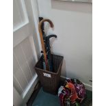 Wicker Umbrella/Walking Stick Stand With Umbrellas And Walking Stick.