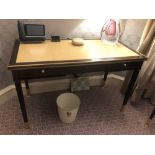 Writing Desk With Tooled Leather Inlay Faux Central Drawer Flanked By Single Drawer And Flap