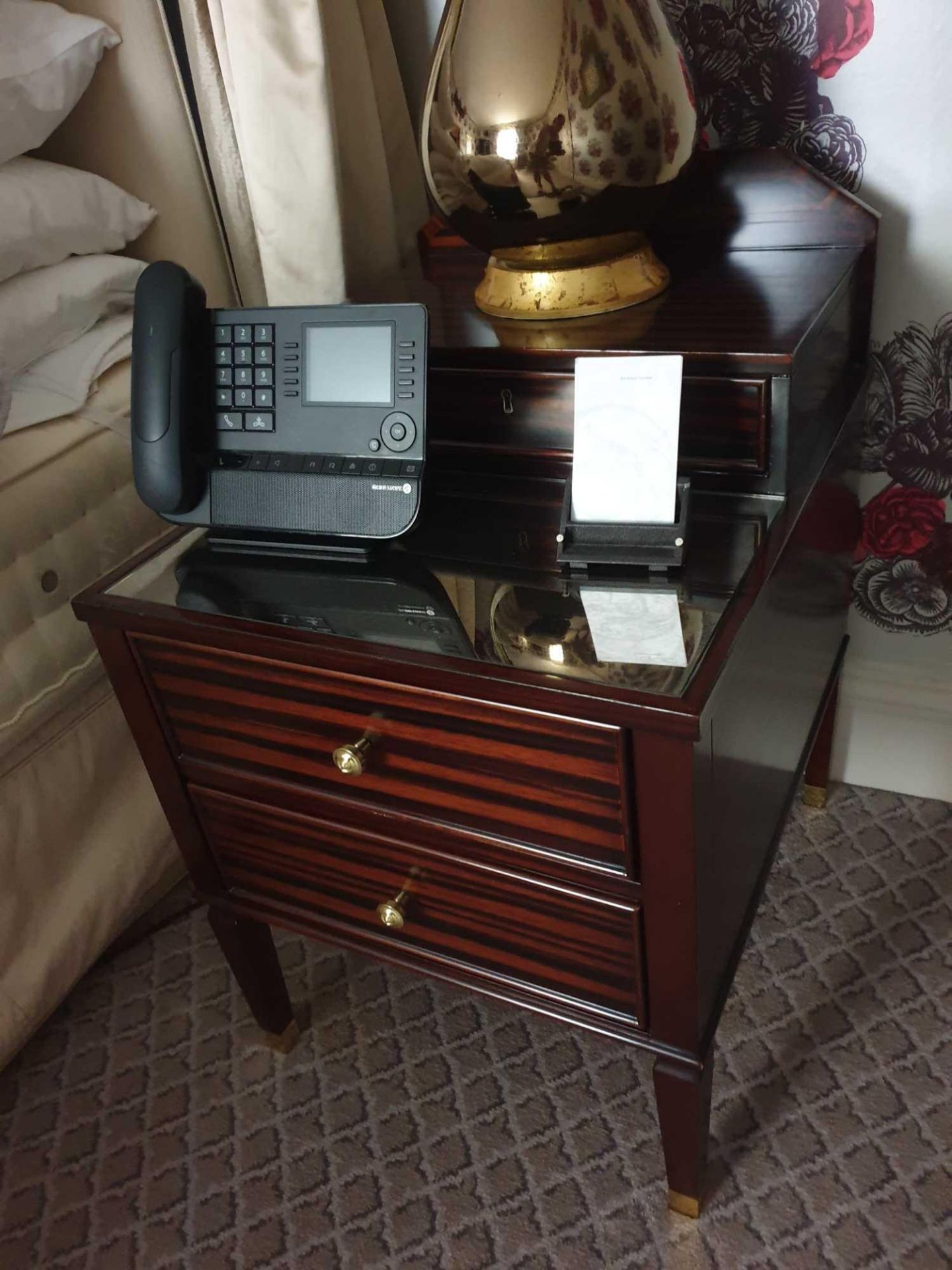 A Pair Of Two Tier Bedside Nightstands With Antiqued Plate Top With Storage Compartments Mounted - Image 2 of 2