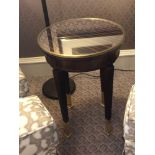 Circular Side Table With Antiqued Plate Top And Brass Trim Mounted On Tapering Legs With Brass