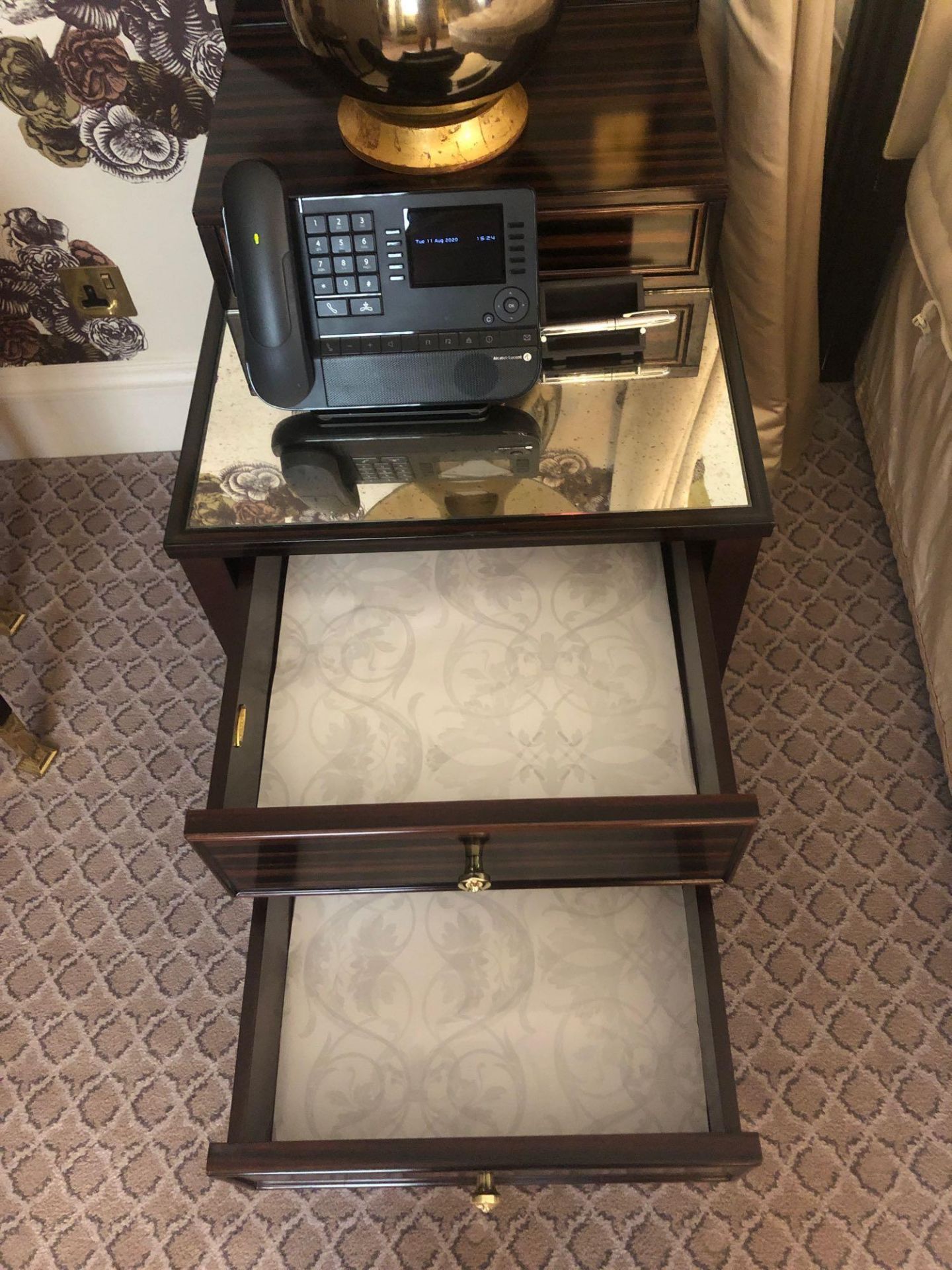 A Pair Of Two Tier Bedside Nightstands With Antiqued Plate Top With Storage Compartments Mounted - Image 2 of 2