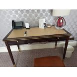 Writing Desk With Tooled Leather Inlay Faux Central Drawer Flanked By Single Drawer And Flap