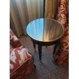 Circular Side Table With Antiqued Plate Top And Brass Trim Mounted On Tapering Legs With Brass