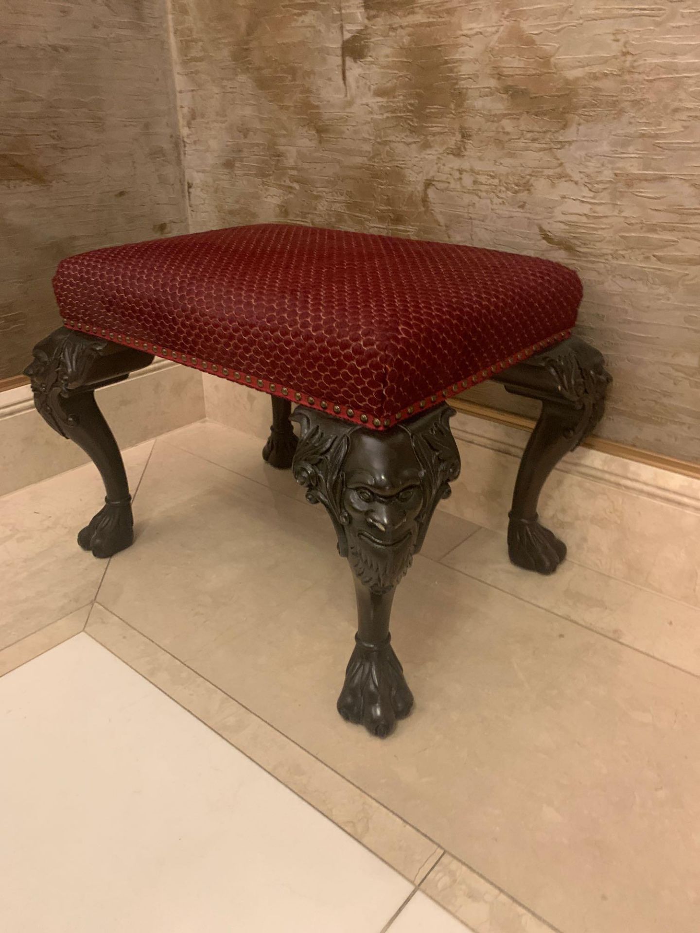 Hall Bench Upholstered Red Seat Pad With Nail Head Trim On Mask Knuckle Cabriole Legs Terminating In - Image 2 of 3